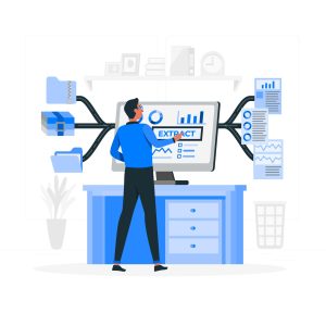 A clipart of a man standing in fron of a computer. The computer has data going into one side and reports coming out the other.