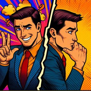 Split screen comic style image of a person: one side showing overconfidence with vibrant colors, the other side revealing insecurity with contrasting shades.