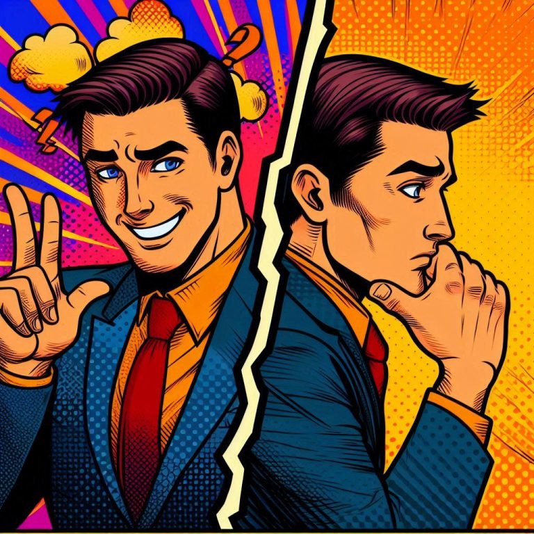 Split screen comic style image of a person: one side showing overconfidence with vibrant colors, the other side revealing insecurity with contrasting shades.