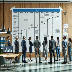software professionals and leadership standing around a huge Gantt chart on a wall in an office, discussing its content.