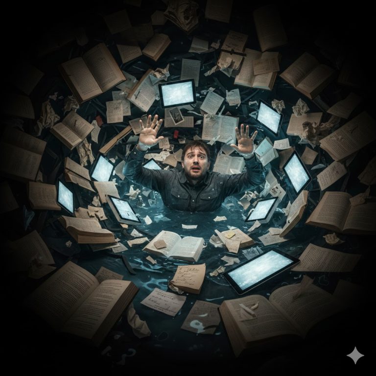 A man appears overwhelmed as he sinks into a swirling mass of open books, papers, and glowing tablets surrounding him in a dark, chaotic vortex.